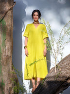 trueBrowns Lime Cotton Front Slit Dress - Distacart