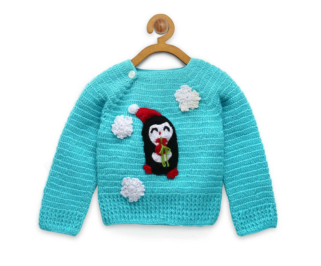 Chutput Kids Blue Coloured Solid Pullover with Penguin Applique Detail