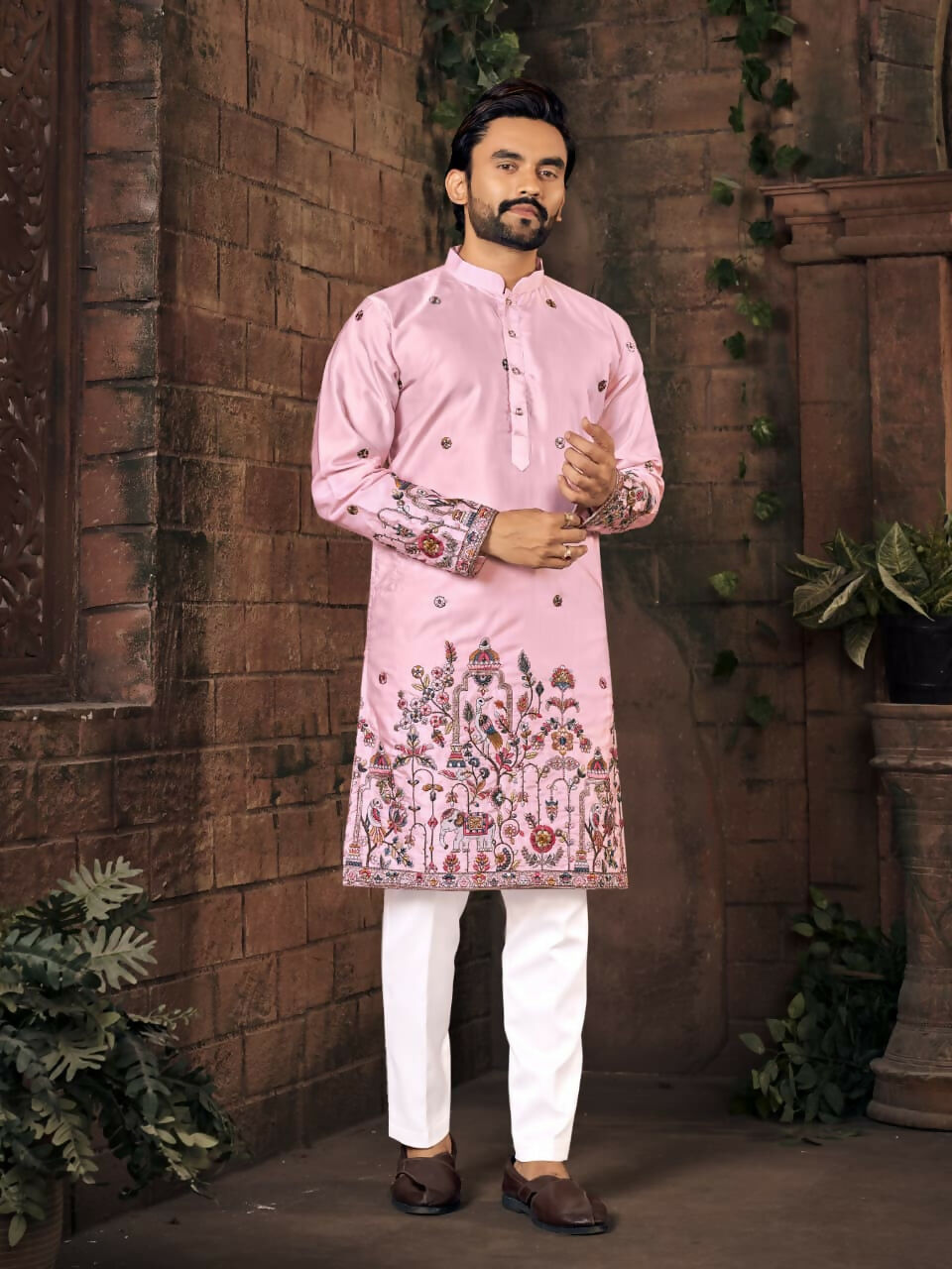 Anaita Pink Multi Thread Work Silk Straight Kurta