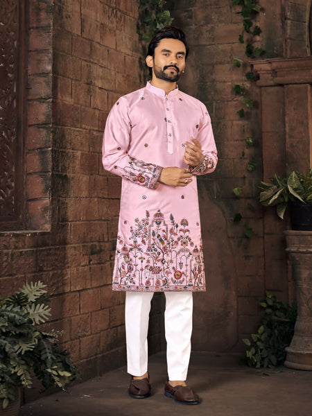 Anaita Pink Multi Thread Work Silk Straight Kurta