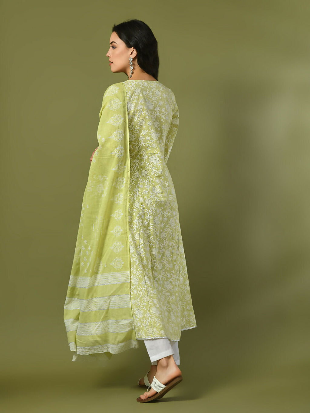 Myshka Women's Lime Green Printed Cotton Anarkali Party Kurta Set With Dupatta