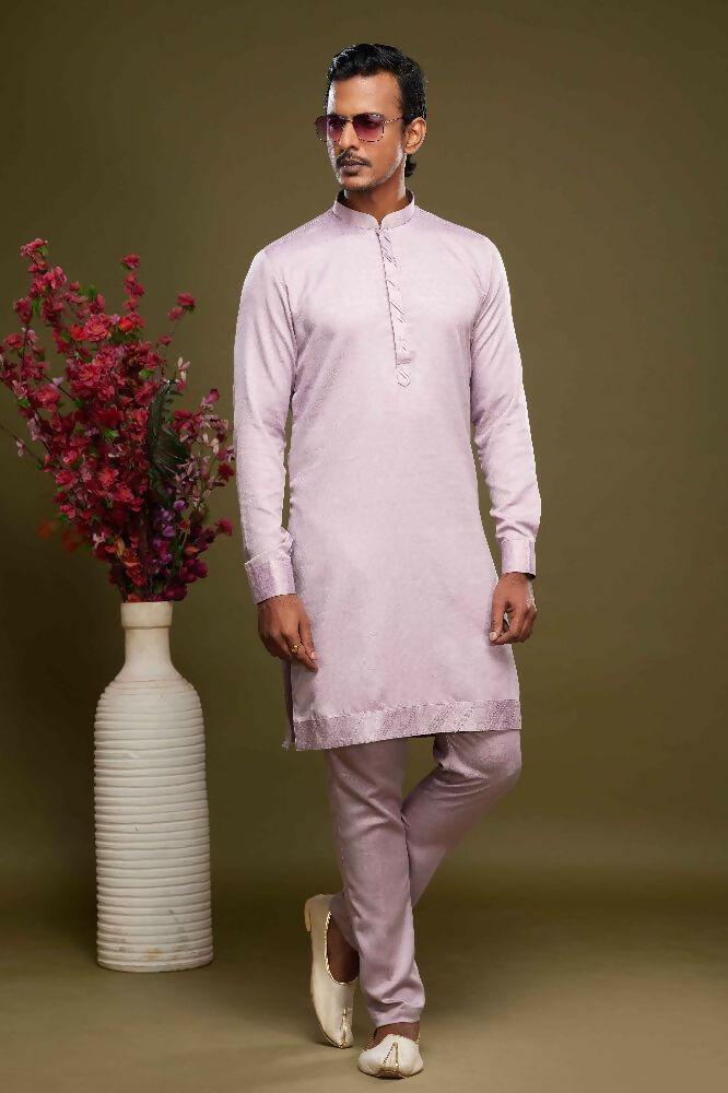 Raivat Ethnic Art Banarasi Silk Thread Work Kurta Pajama In Onion Pink Colour