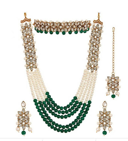 Mominos Fashion Rajwadi Gold-Polished With Stone & Green Pearls Necklace Combo Set