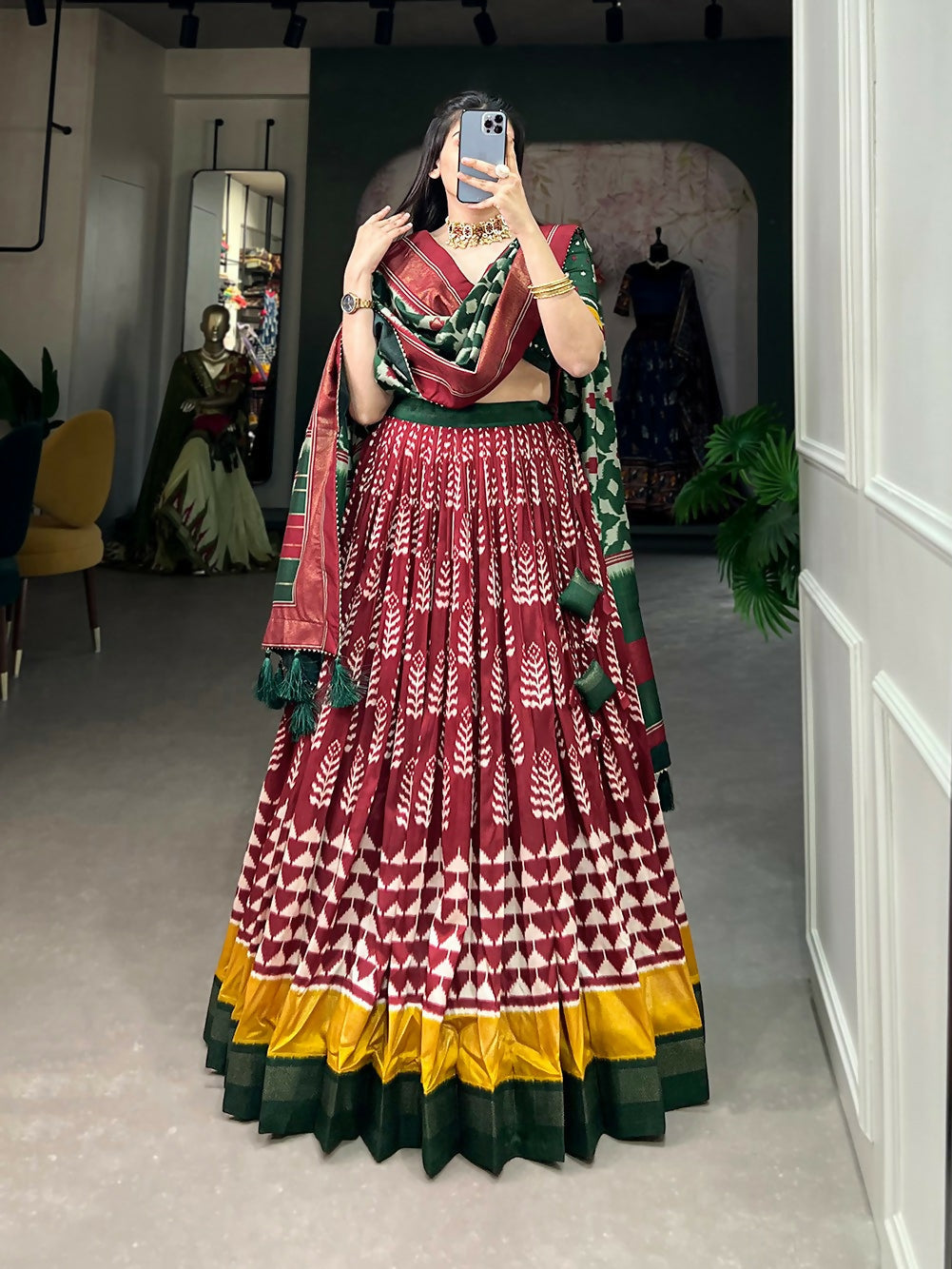 Vastranavya Traditional Printed Tusser Silk Lehenga Choli - Maroon