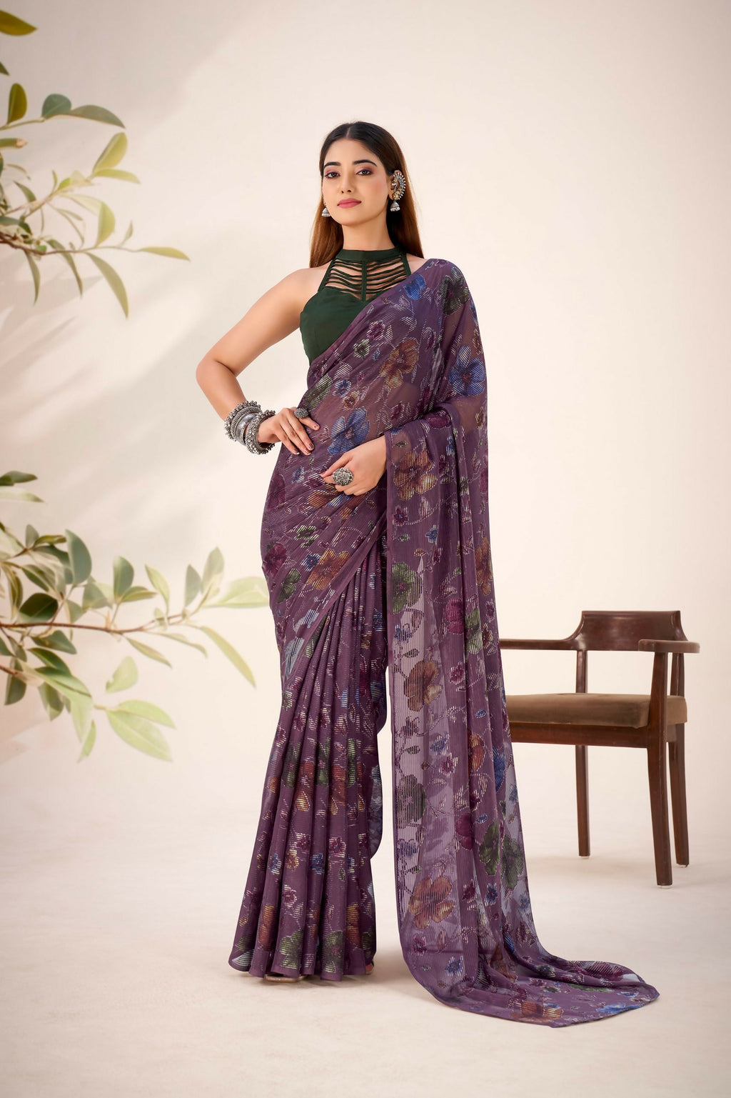 Vastranavya Wine Lurex Brasso Floral Printed Saree with Unstitched Blouse - Distacart