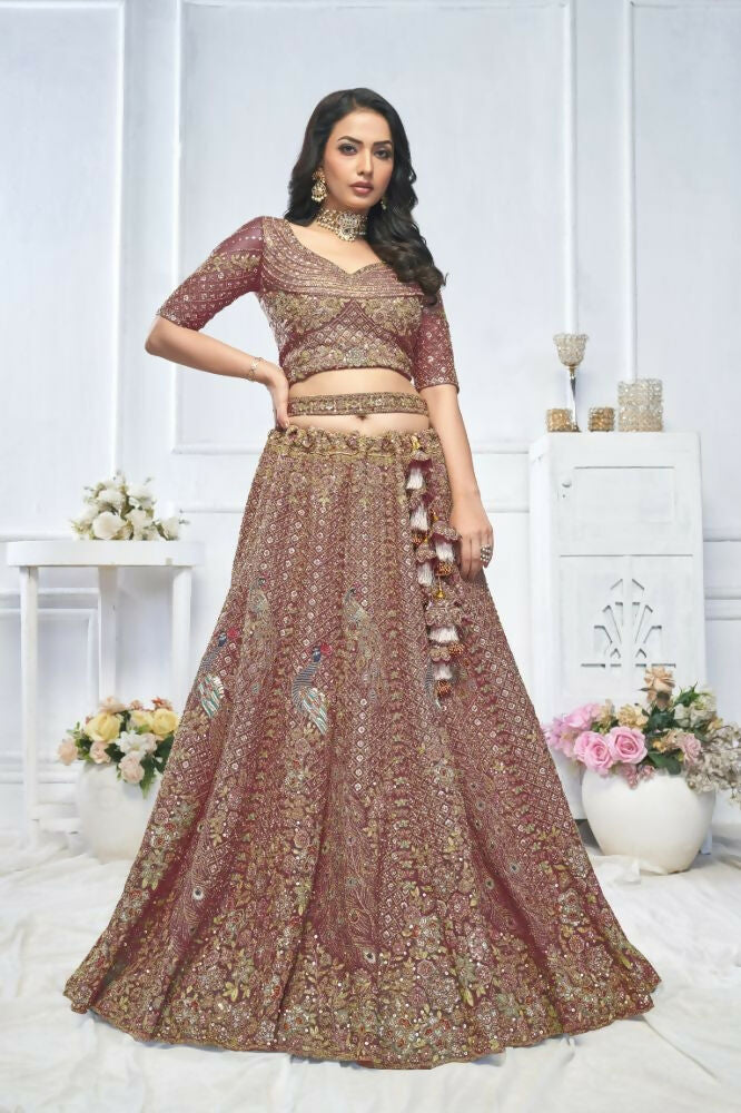 Kesar Fab Purple Net Embroidered Lehenga