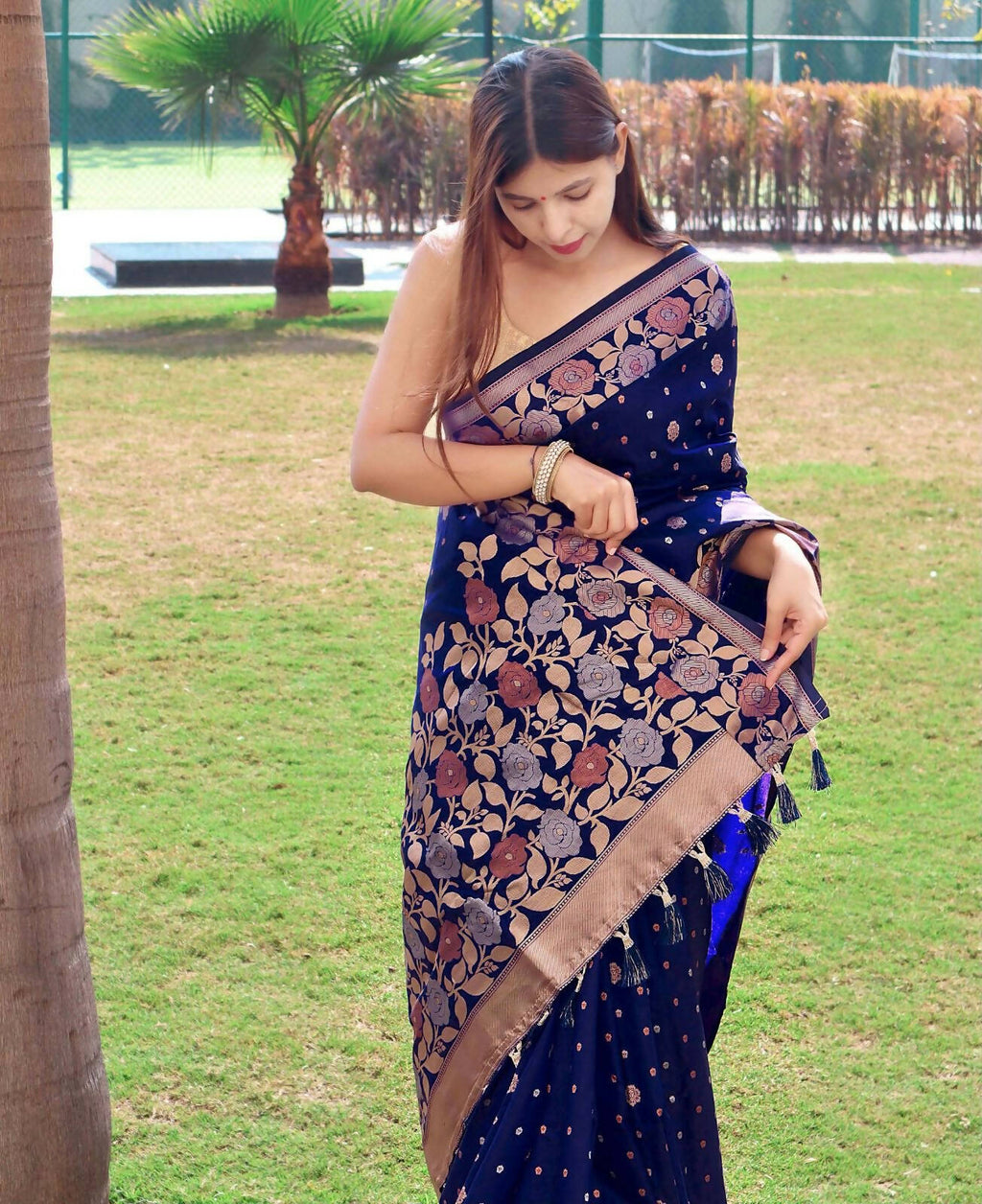 DEIANA'S Beautiful Designer Golden zari Soft Lichi Silk Saree - Navy Blue