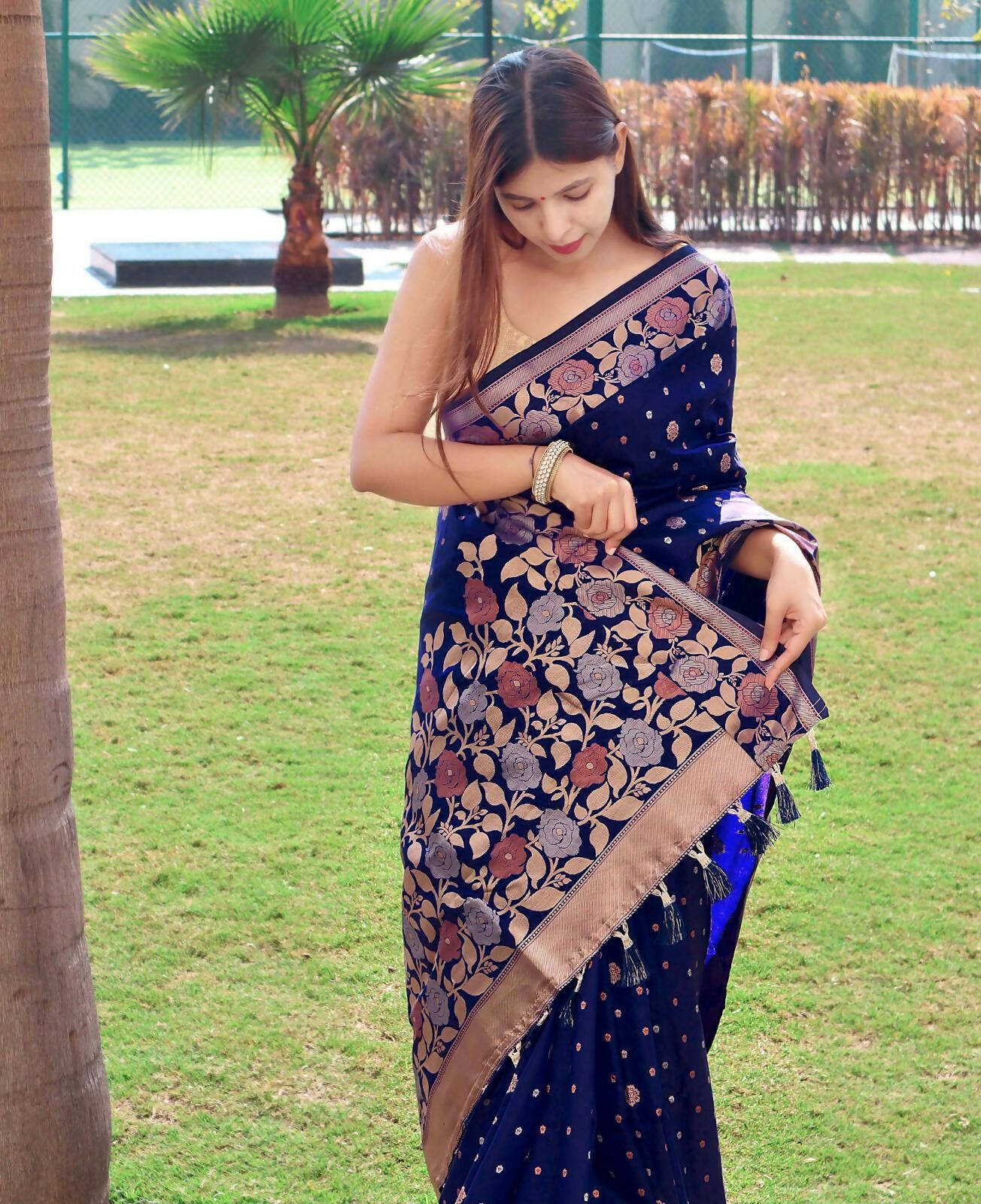 DEIANA'S Beautiful Designer Golden zari Soft Lichi Silk Saree - Navy Blue