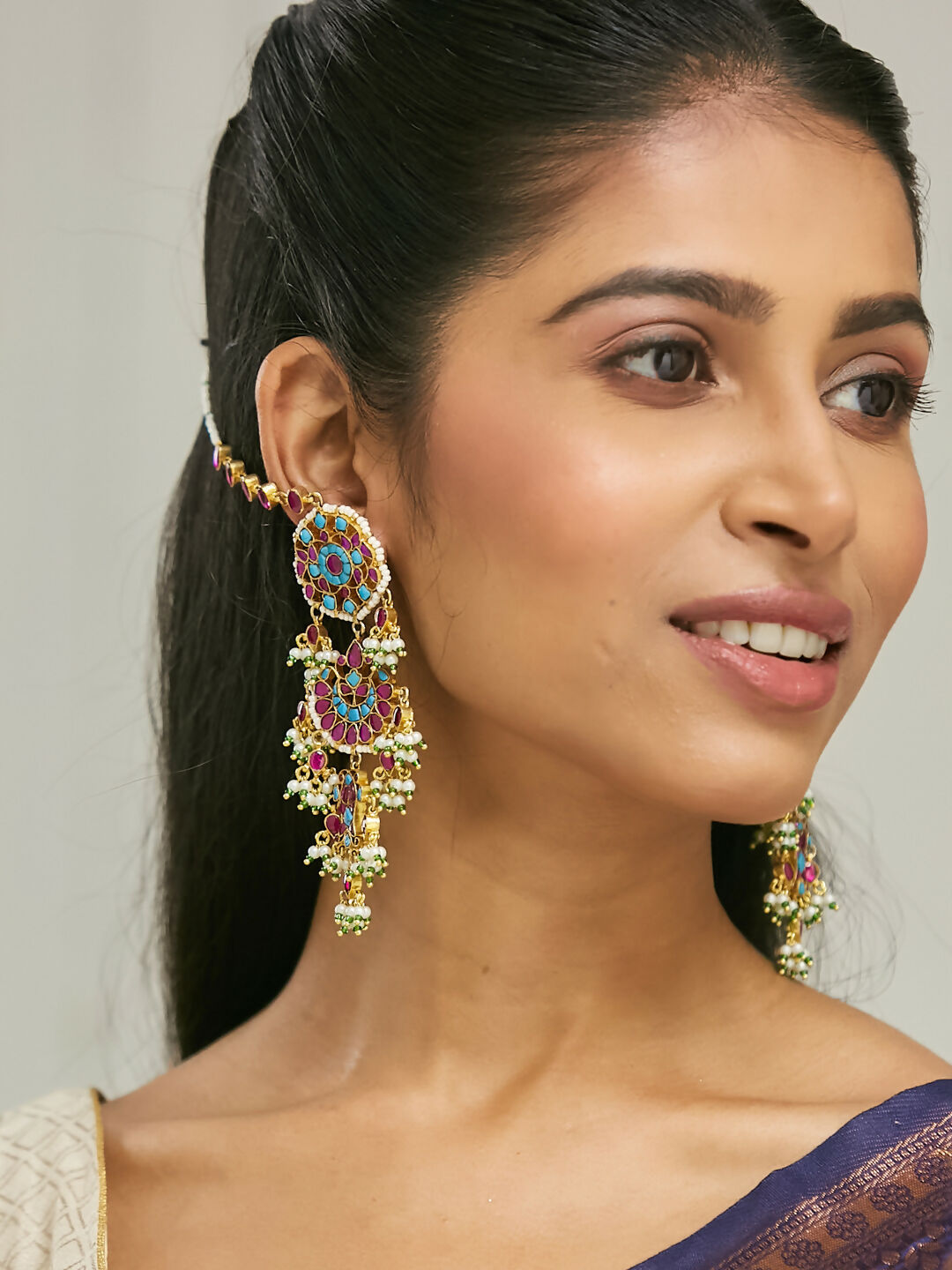 Nuyug 22K Gold-Plated Kundan Studded & Pearl Beaded Crescent Shaped Kanauti Earrings - Distacart