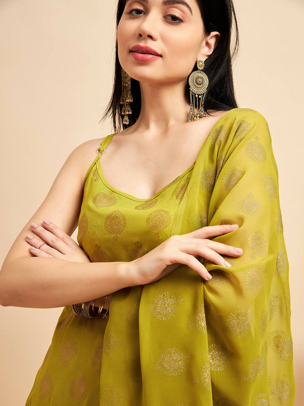 Lime Green & Golden Ethnic Motifs Print Kurta with Palazzo & Dupatta - Vishwa