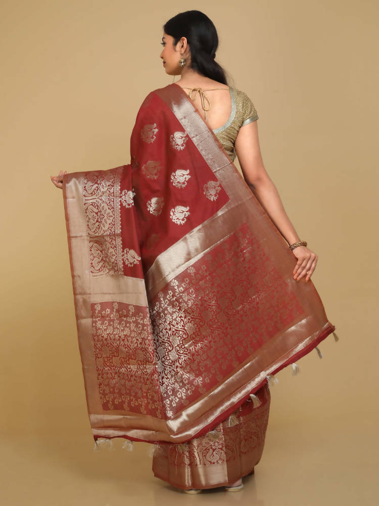 Kalamandir Peacock Print Red Silk Blend Saree