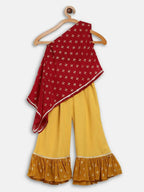Ahalyaa Maroon Georgette Glitter Print Asymmetric Kids Kurta Palazzo Sets For Girls