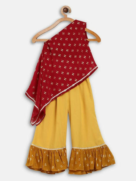 Ahalyaa Maroon Georgette Glitter Print Asymmetric Kids Kurta Palazzo Sets For Girls