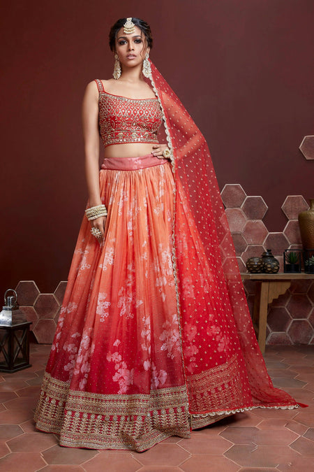 Wedding Designer Orange Tabby Silk Lehenga Choli - Anbazaar