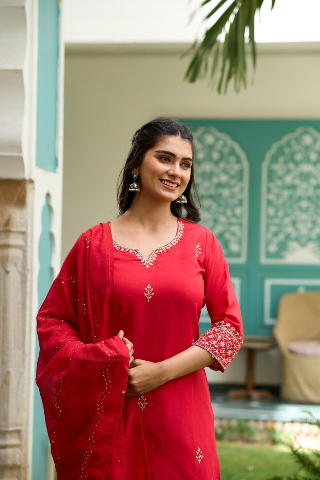 The52 Gajari Red Embroidered Chanderi Fabric Straight Kurta, Pant and Dupatta Set - Distacart