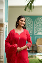 The52 Gajari Red Embroidered Chanderi Fabric Straight Kurta, Pant and Dupatta Set - Distacart