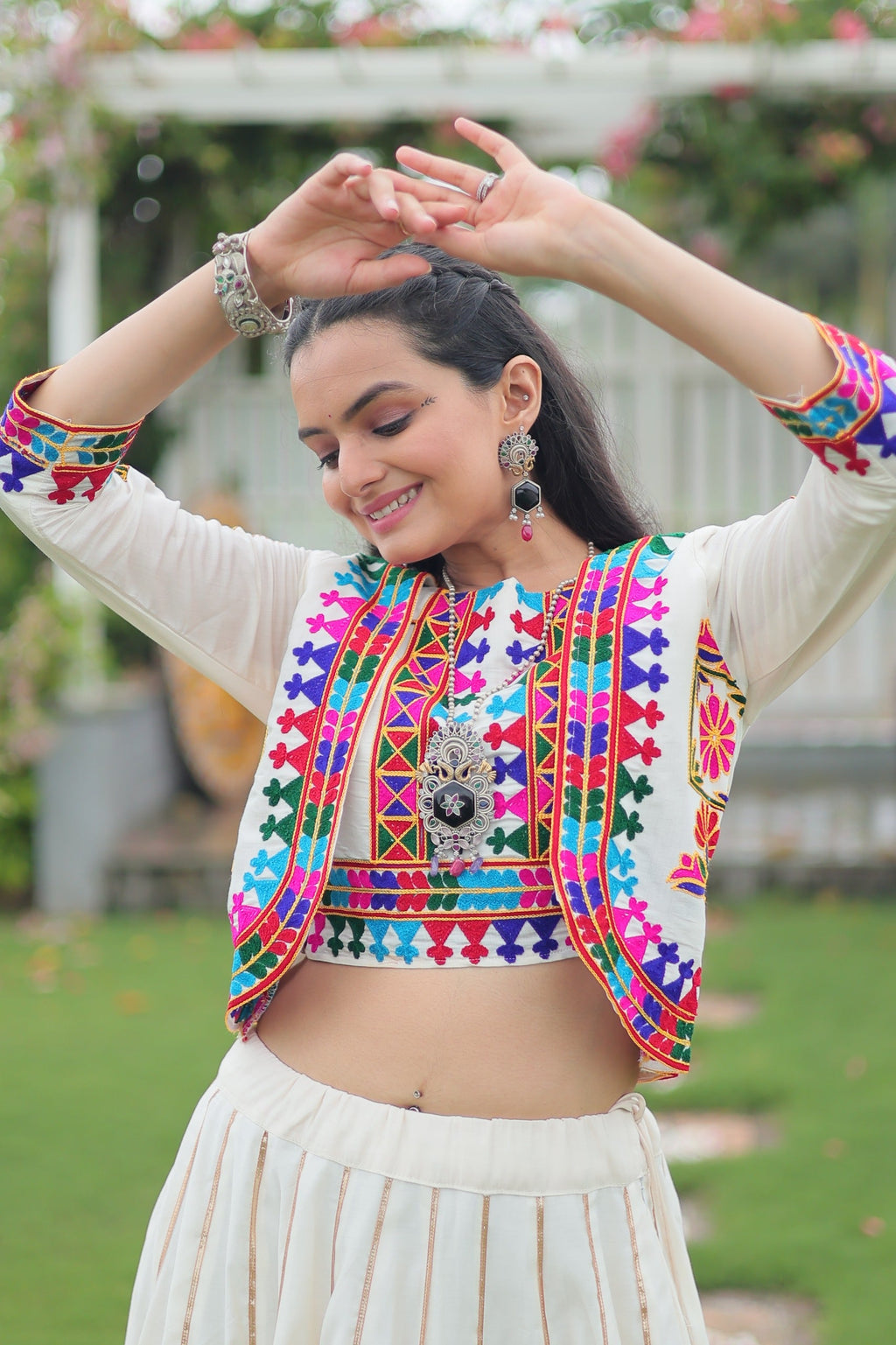 Evanik Navratri Off White Roamn Fabric With Kutchi Work Koti Style Blouse Stitched Lehenga Choli