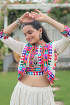 Evanik Navratri Off White Roamn Fabric With Kutchi Work Koti Style Blouse Stitched Lehenga Choli