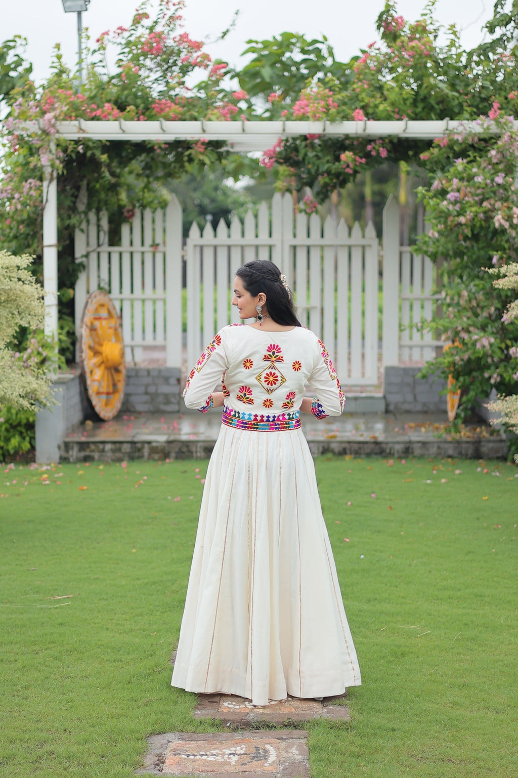 Evanik Navratri Off White Roamn Fabric With Kutchi Work Koti Style Blouse Stitched Lehenga Choli