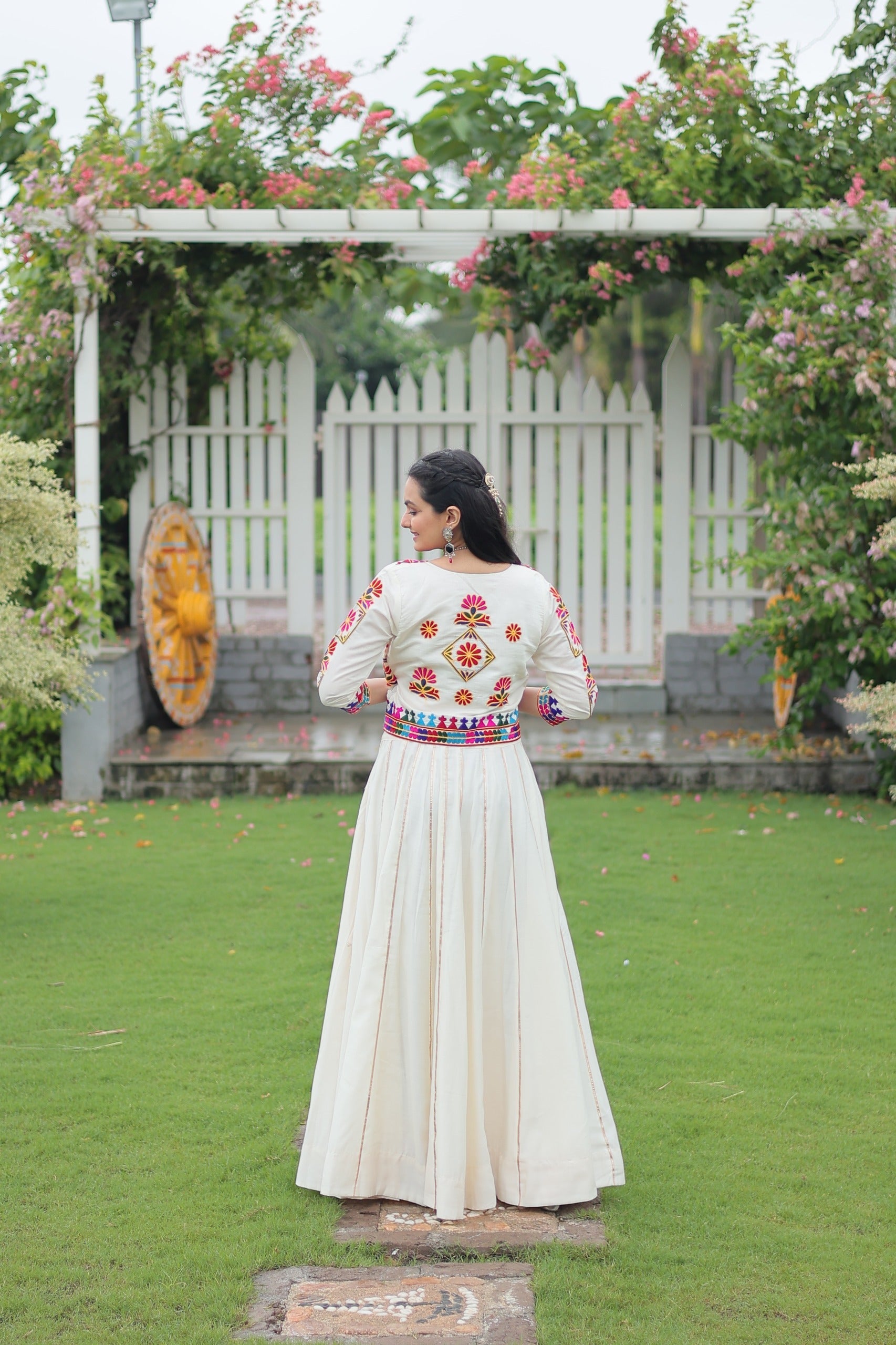 Evanik Navratri Off White Roamn Fabric With Kutchi Work Koti Style Blouse Stitched Lehenga Choli