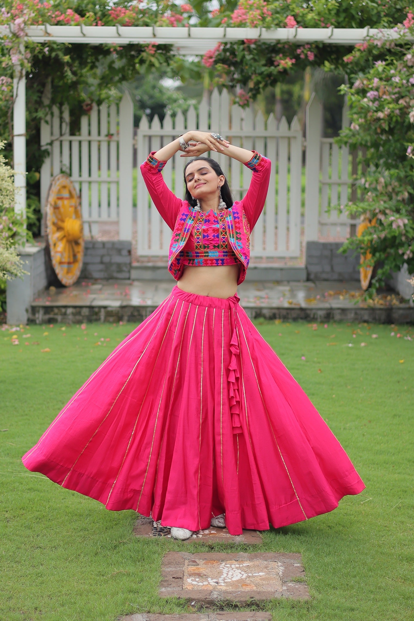 Evanik Navratri Pink Roamn Fabric With Kutchi Work Koti Style Blouse Stitched Lehenga Choli