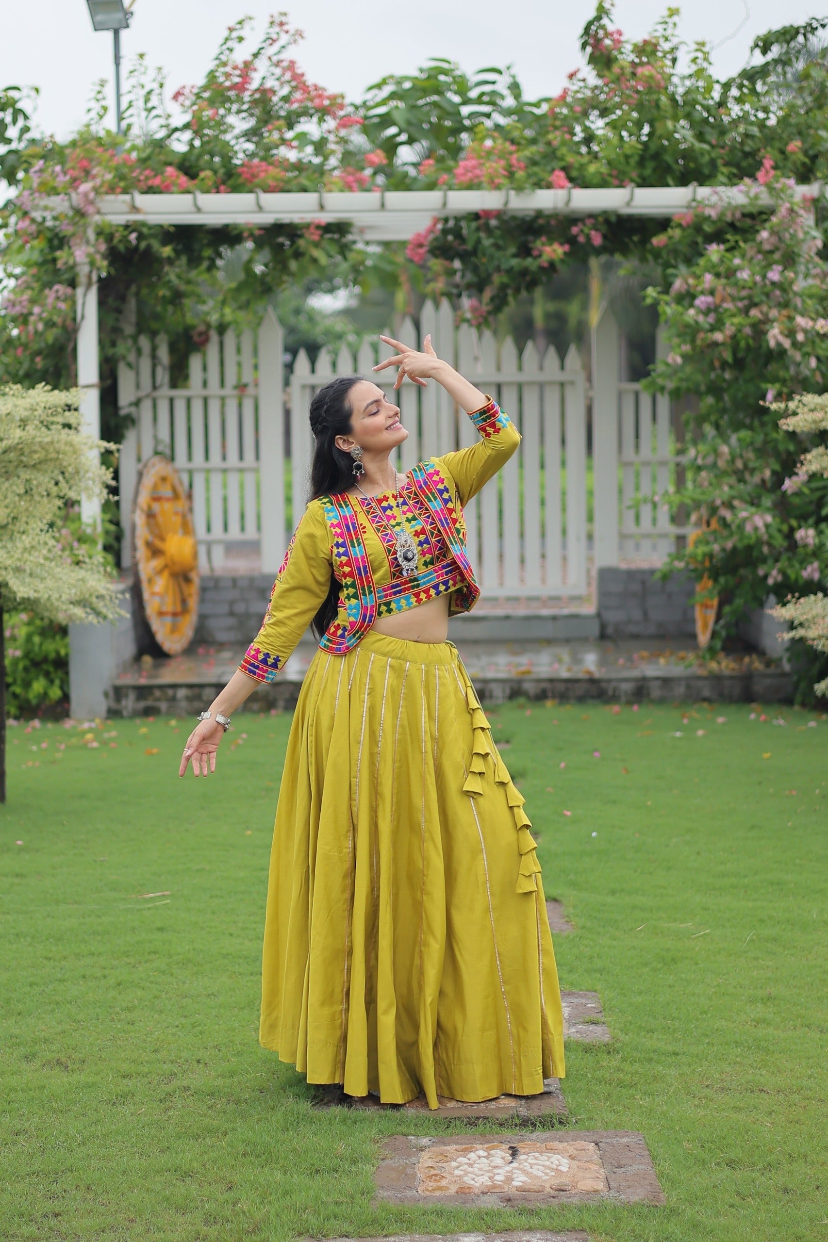 Evanik Navratri Parrot Roamn Fabric With Kutchi Work Koti Style Blouse Stitched Lehenga Choli