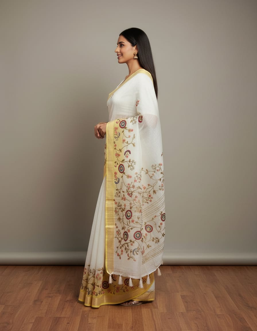 Morchari Mal Chanderi with all over Kantha Hand Work Saree - Distacart