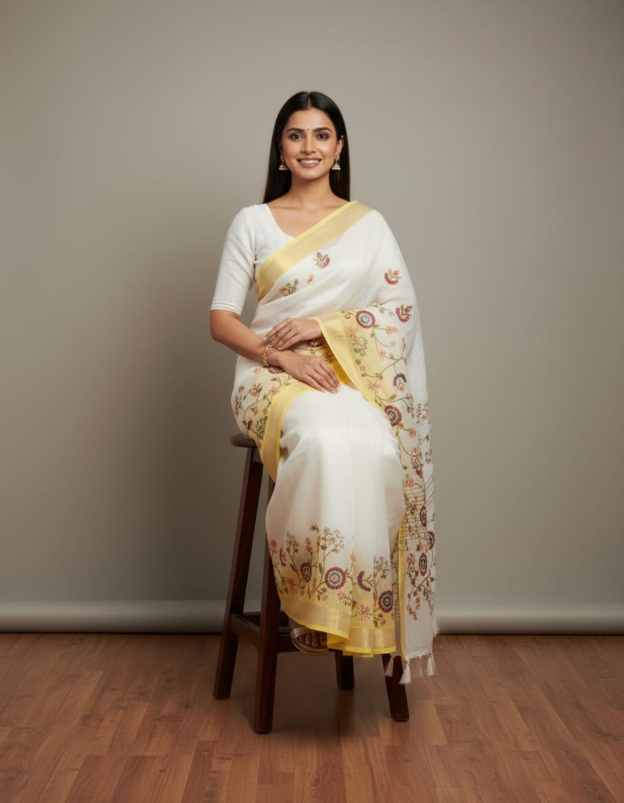 Morchari Mal Chanderi with all over Kantha Hand Work Saree - Distacart