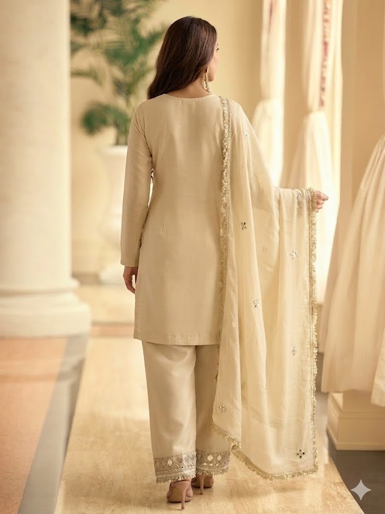 Evanik Cream Silk Blend Mirror Embroidery Work Kurti Palazzo Set With Dupatta - Distacart