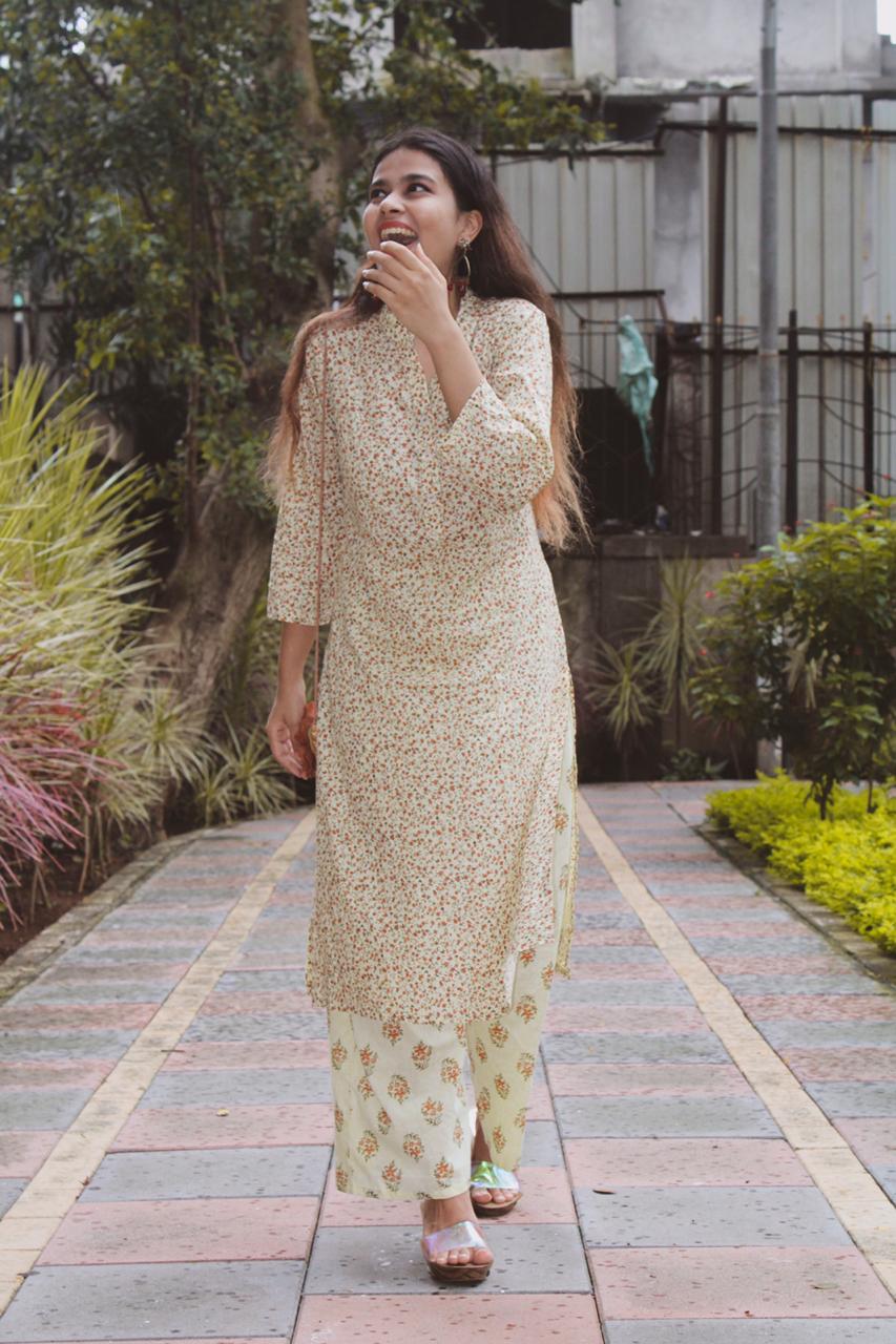 Jompers Women Yellow Floral Printed Kurta with Palazzos - Distacart