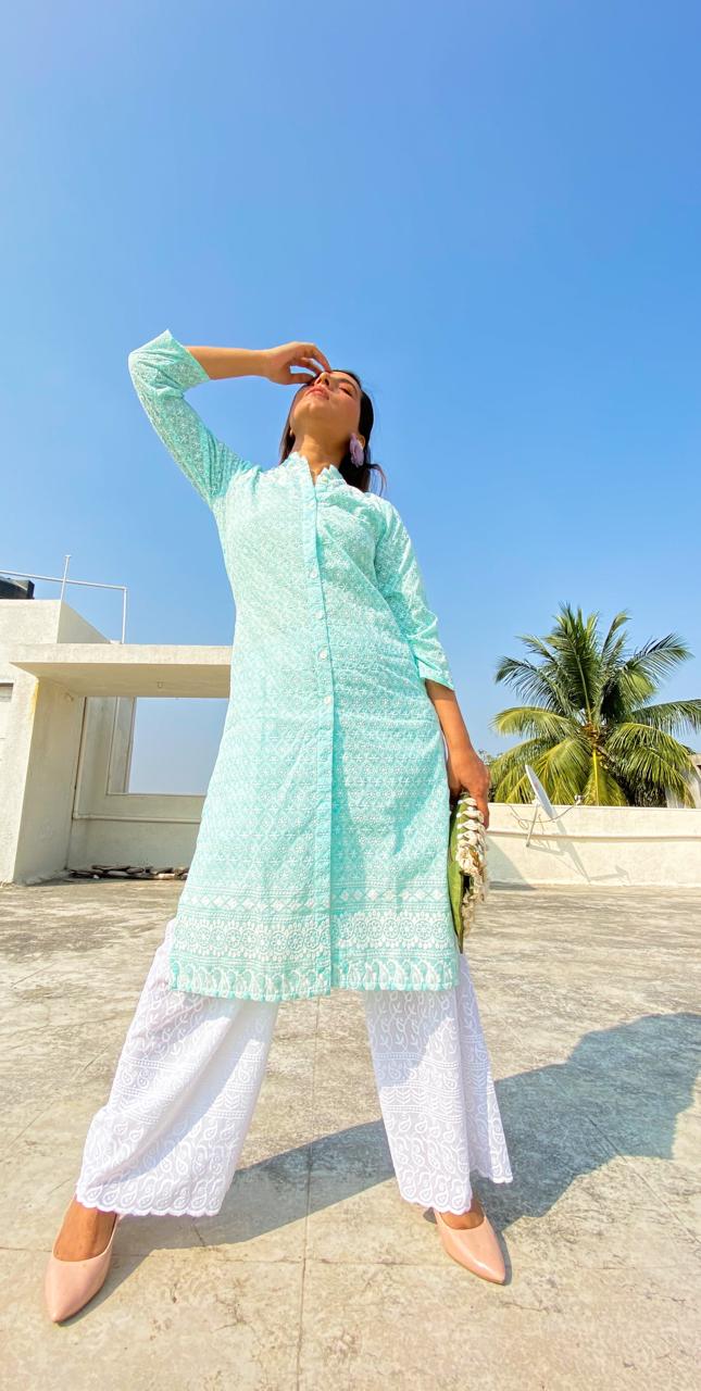 Jompers Women's Sky Blue & White Chikankari Embroidered Kurta with Palazzos