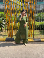 Jompers Women's Green & Golden Block Printed Kurta with Palazzos