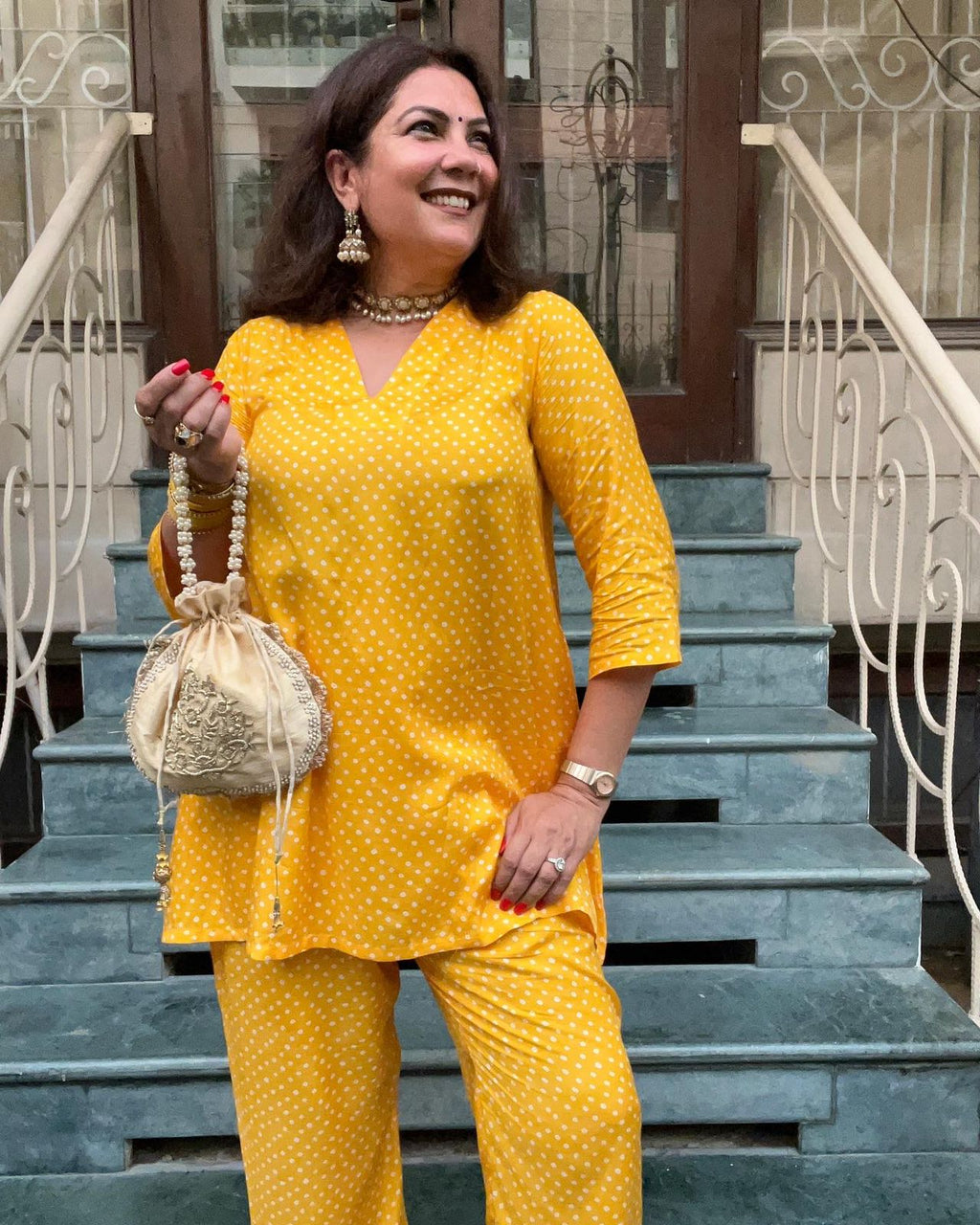 trueBrowns Yellow Bandhani Flare Printed Silk Co-Ord Set | Relove - Distacart
