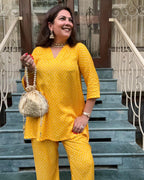 trueBrowns Yellow Bandhani Flare Printed Silk Co-Ord Set | Relove - Distacart