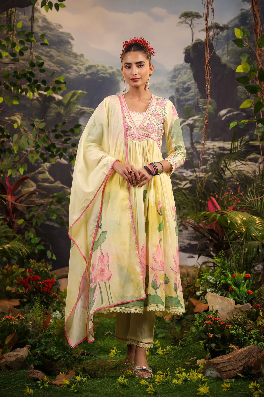Alia Cut Embroidered & Floral Printed Kurta With Pant & Dupatta Luxury Premium, Multicolor - Hiral Fashion - Distacart