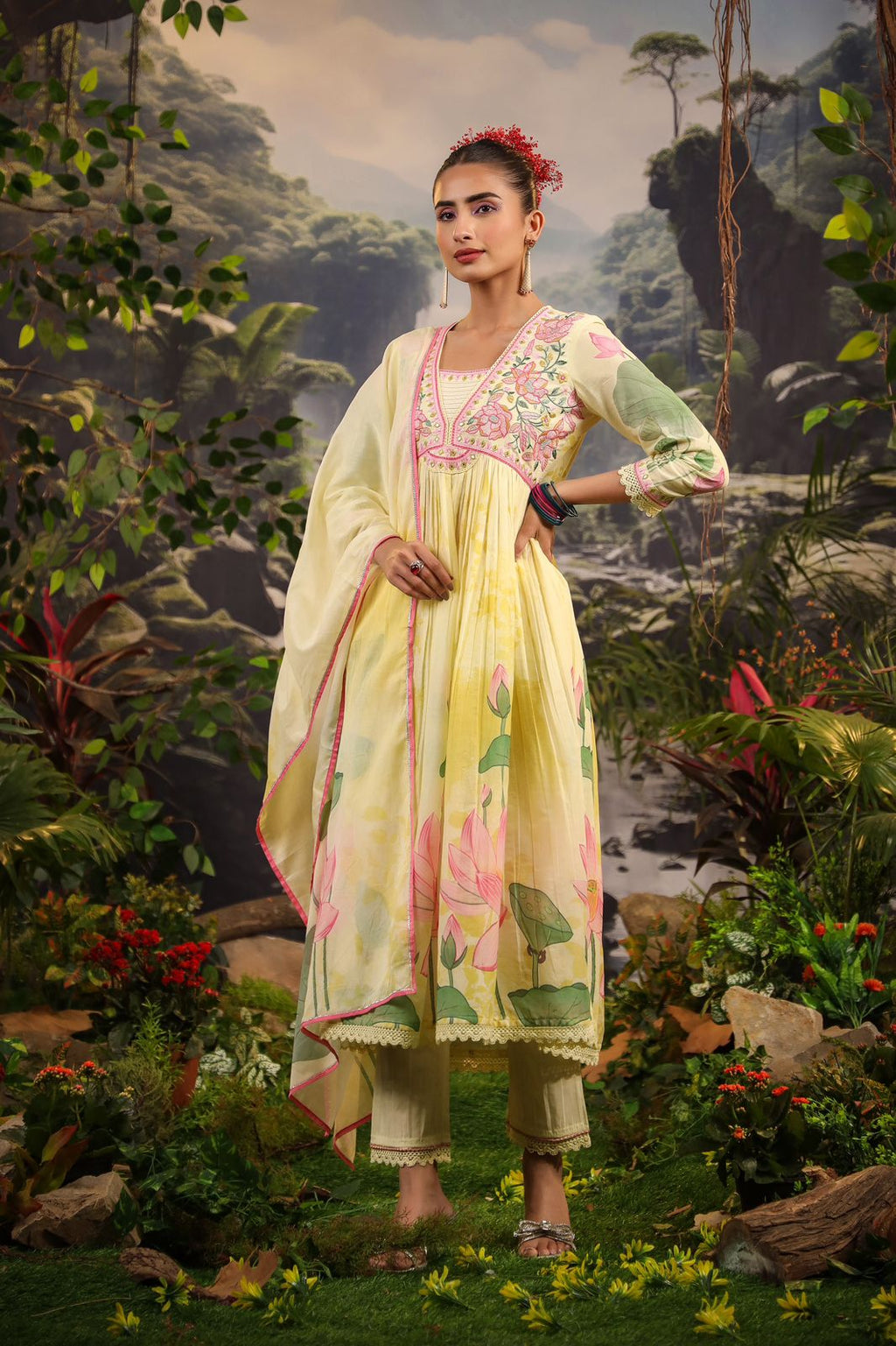 Alia Cut Embroidered & Floral Printed Kurta With Pant & Dupatta Luxury Premium, Multicolor - Hiral Fashion - Distacart