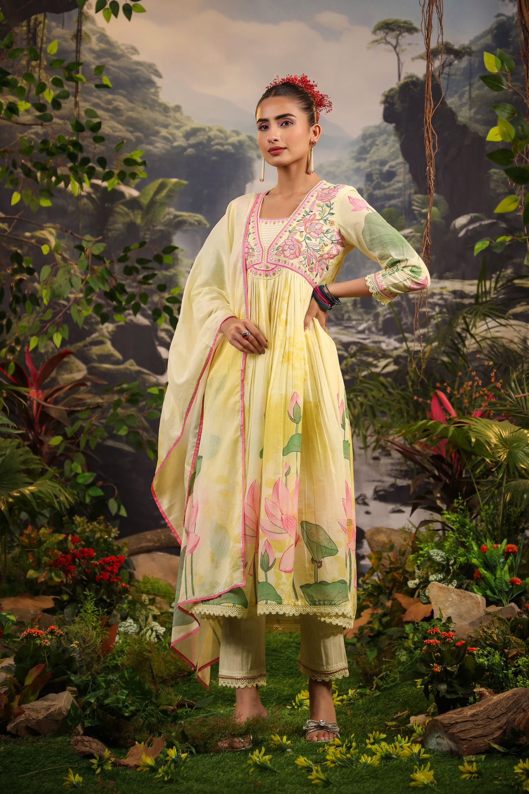 Alia Cut Embroidered & Floral Printed Kurta With Pant & Dupatta Luxury Premium, Multicolor - Hiral Fashion - Distacart