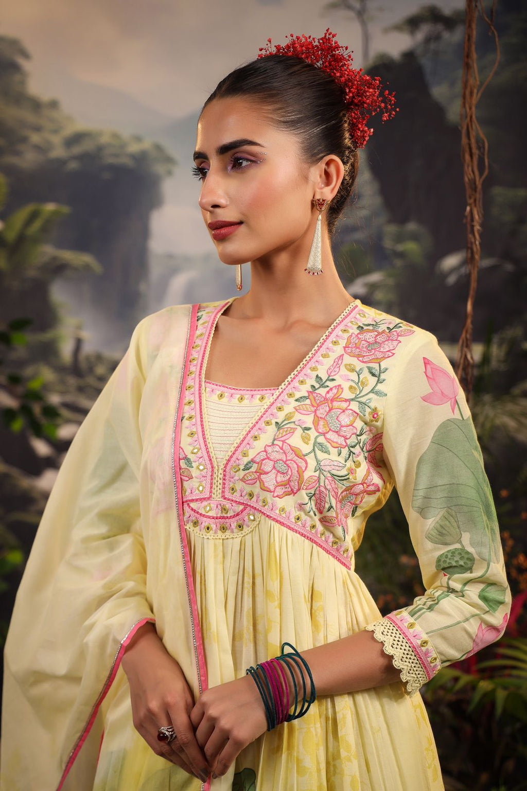Alia Cut Embroidered & Floral Printed Kurta With Pant & Dupatta Luxury Premium, Multicolor - Hiral Fashion - Distacart