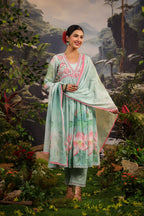 Alia Cut Embroidered & Floral Printed Kurta With Pant & Dupatta Luxury Premium, Multicolor - Hiral Fashion - Distacart
