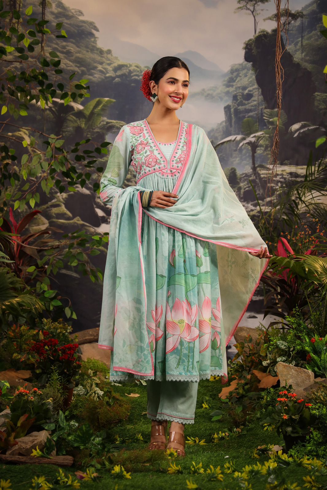 Alia Cut Embroidered & Floral Printed Kurta With Pant & Dupatta Luxury Premium, Multicolor - Hiral Fashion - Distacart