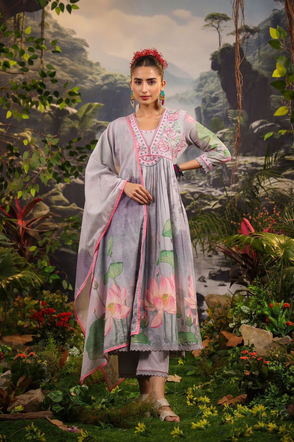 Alia Cut Embroidered & Floral Printed Kurta With Pant & Dupatta Luxury Premium, Multicolor - Hiral Fashion - Distacart