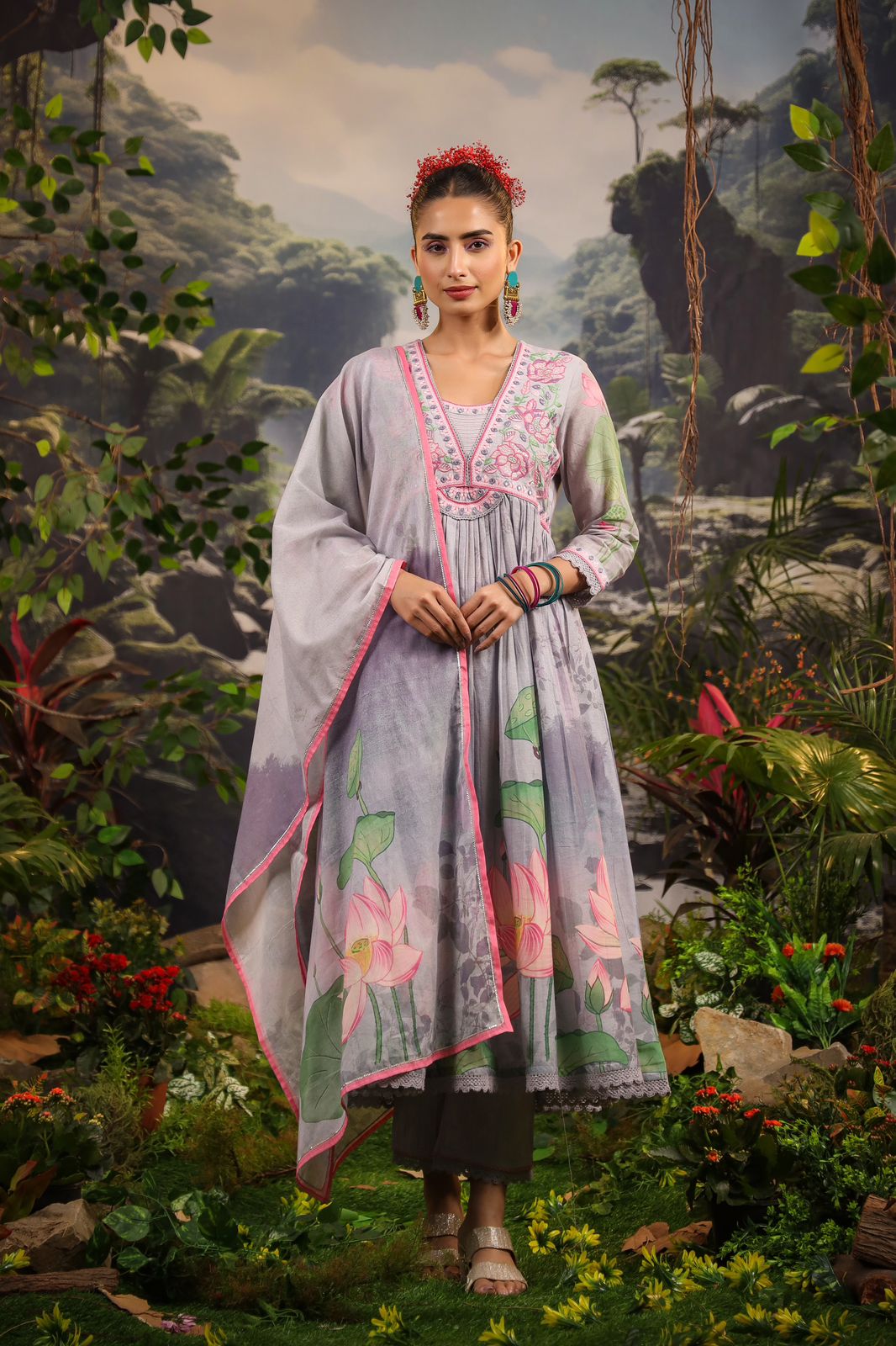Alia Cut Embroidered & Floral Printed Kurta With Pant & Dupatta Luxury Premium, Multicolor - Hiral Fashion - Distacart