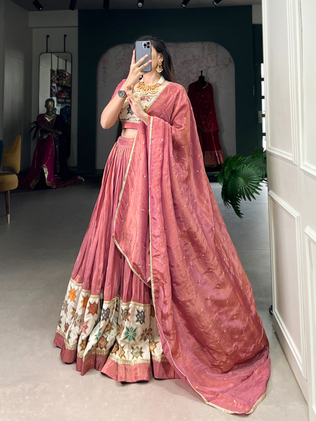 Lorenvalley Peach Premium Pure Shimmer Pure Shimmer Lehenga Choli
