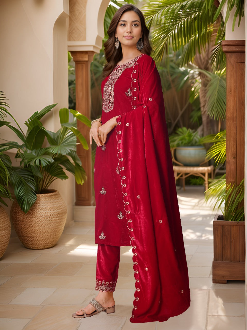 Thread & Sequined Embroidered Velvet Kurta With Pant & Embroidered Dupatta, Pink - Hiral Fashion - Distacart