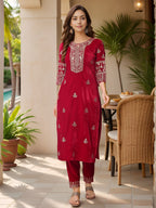 Thread & Sequined Embroidered Velvet Kurta With Pant & Embroidered Dupatta, Pink - Hiral Fashion - Distacart