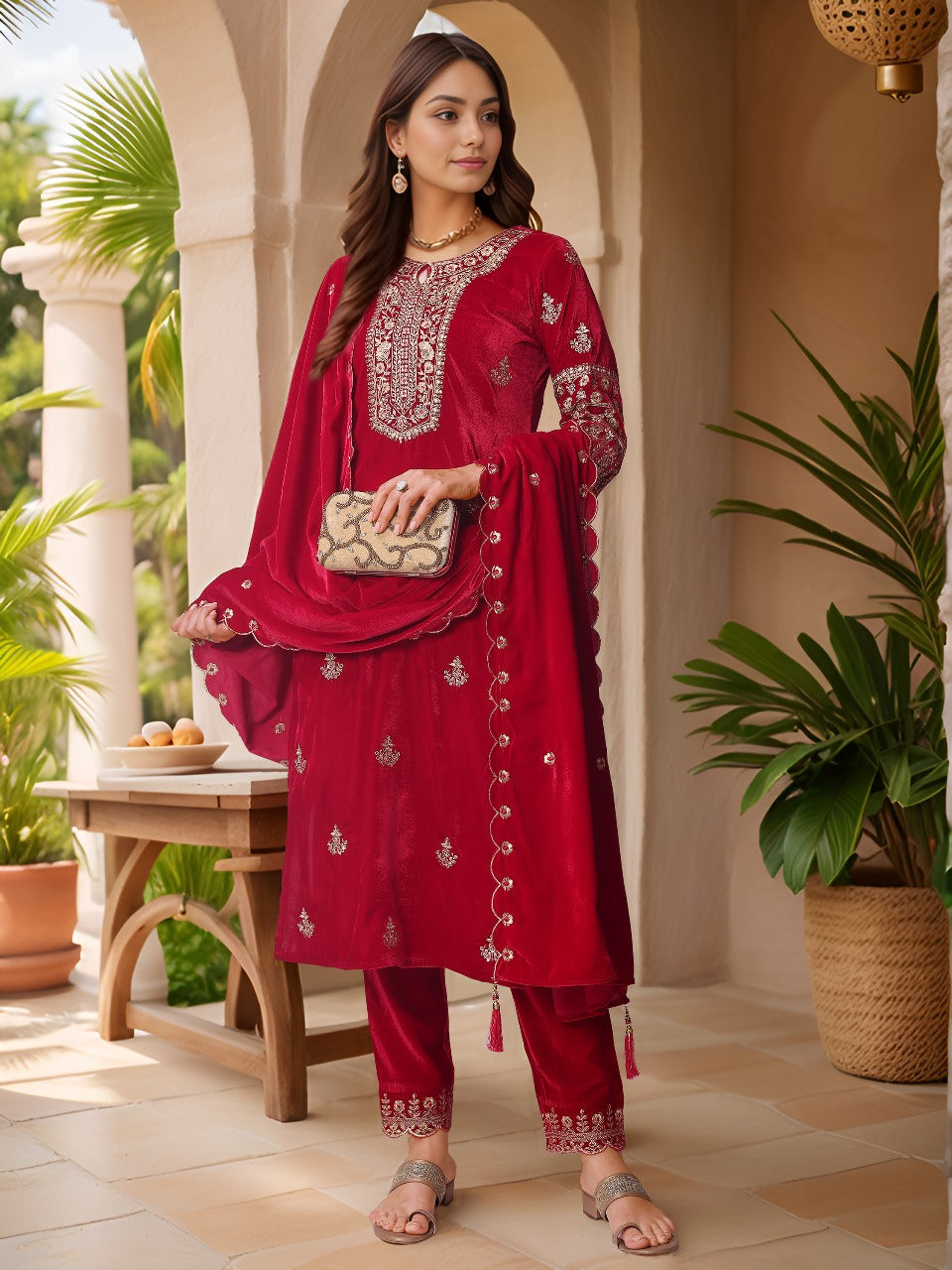 Thread & Sequined Embroidered Velvet Kurta With Pant & Embroidered Dupatta, Pink - Hiral Fashion - Distacart