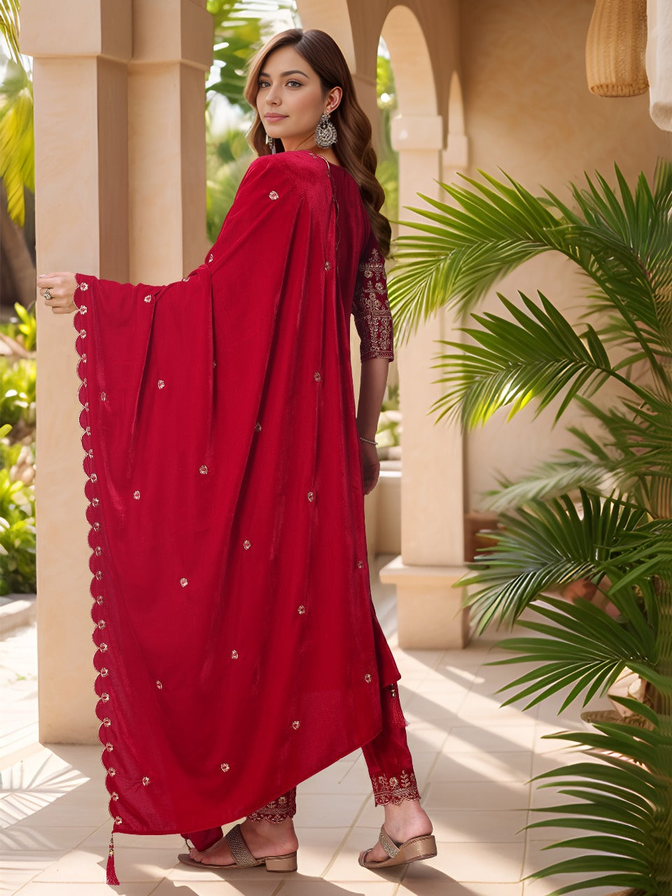 Thread & Sequined Embroidered Velvet Kurta With Pant & Embroidered Dupatta, Pink - Hiral Fashion - Distacart