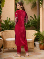 Thread & Sequined Embroidered Velvet Kurta With Pant & Embroidered Dupatta, Pink - Hiral Fashion - Distacart