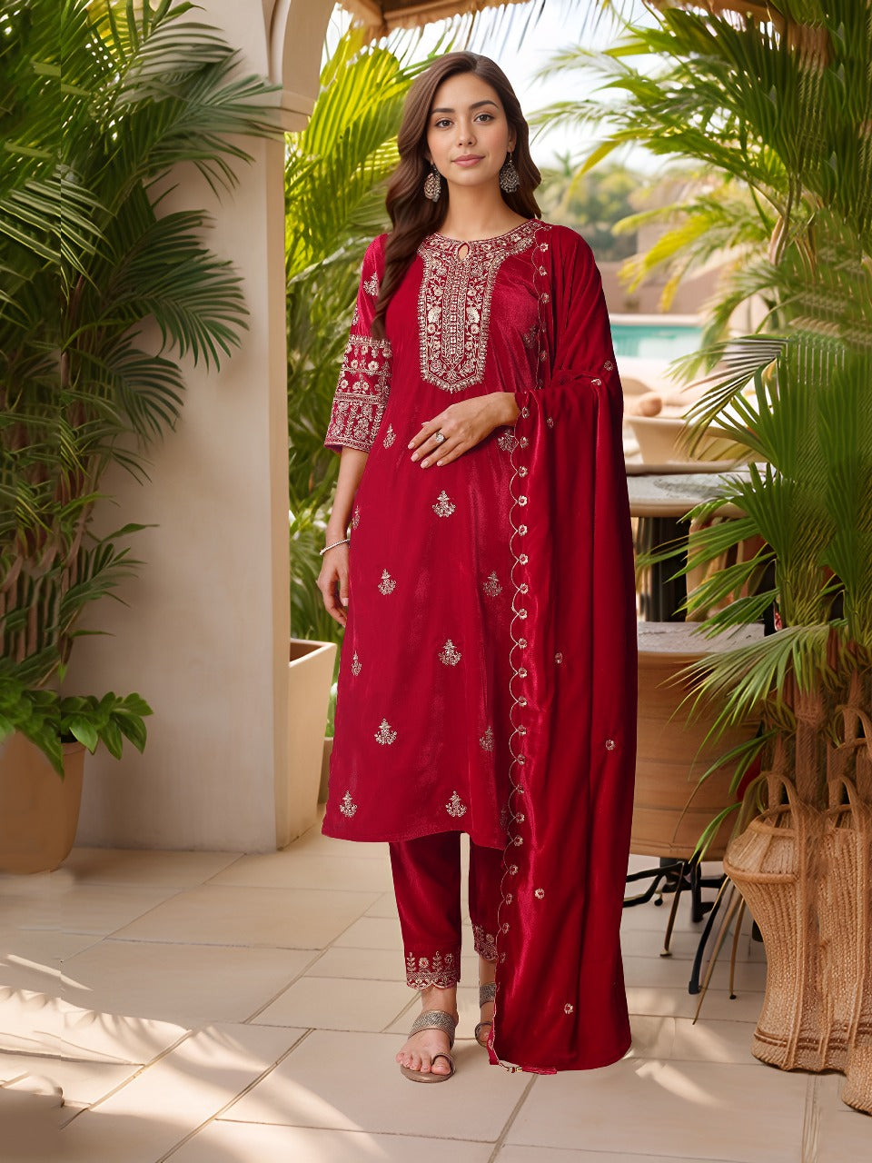 Thread & Sequined Embroidered Velvet Kurta With Pant & Embroidered Dupatta, Pink - Hiral Fashion - Distacart