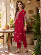 Thread & Sequined Embroidered Velvet Kurta With Pant & Embroidered Dupatta, Pink - Hiral Fashion - Distacart